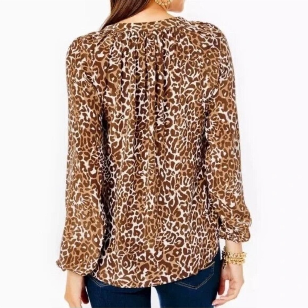 Lilly Pulitzer Saige Silk Long Sleeve Blouse Leopard Cheetah Animal - Picture 2 of 7